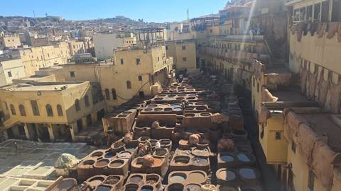 Tanneries in Fes with drying leather.
