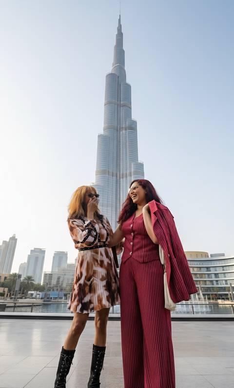 Two women laughing with a tall modern building in the background.