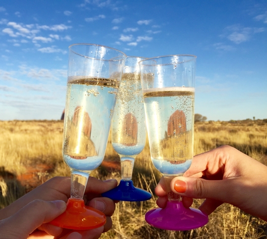 Three glasses of champagne in a sunny outdoor setting with a natural landscape in the background.