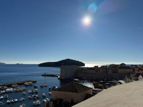 Panoramic view of a coastal city with walls and boats in the harbor.