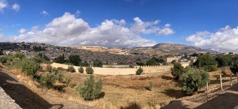 Panoramic view of a historic cityscape and arid landscape.