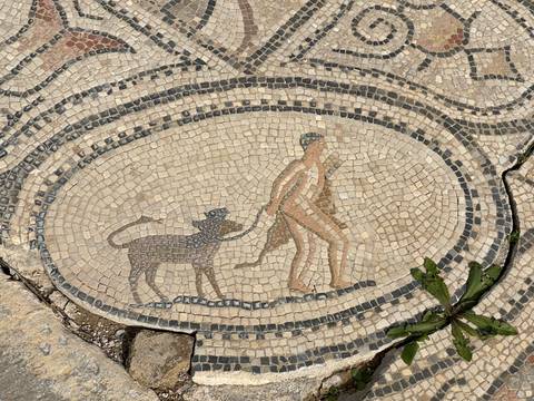 Ancient mosaic of a person walking with a monkey.