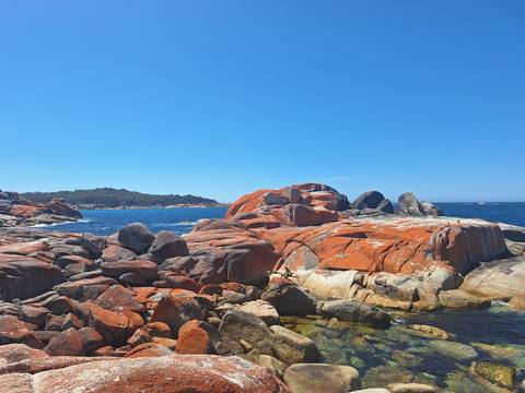 Vivid rocky coast with clear blue ocean water.
