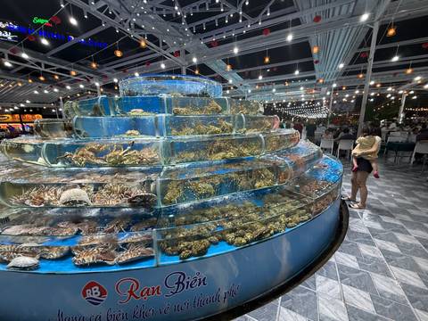 Large fish tank display in a seafood restaurant with people dining.