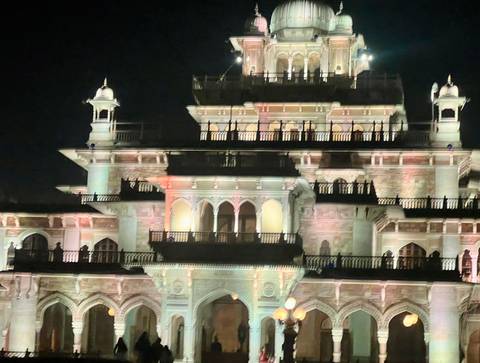 Night view of the illuminated Albert Hall Museum in Jaipur.