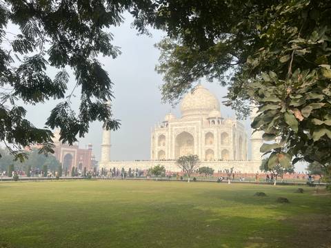 Daytime view of the Taj Mahal with green lawns in the foreground.