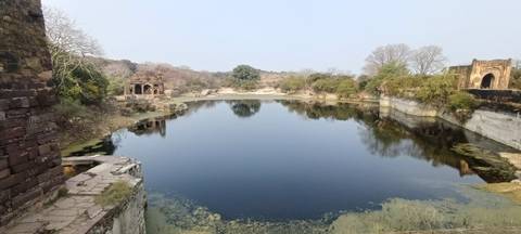 A pond surrounded by ancient ruins and vegetation.
