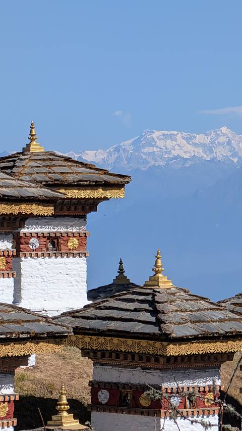 Decorative corner of a Bhutanese temple roof with golden ornamentation set against distant snow peaks.