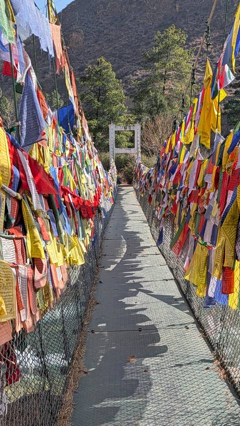 Narrow suspension bridge densely draped with multicoloured prayer flags in bright sunlight.