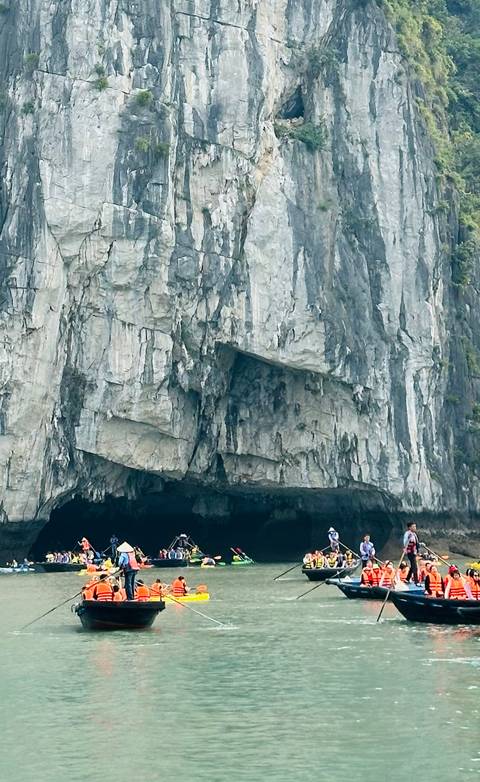 Close-up view of a sheer grey limestone cliff face with dramatic striations and overhangs.