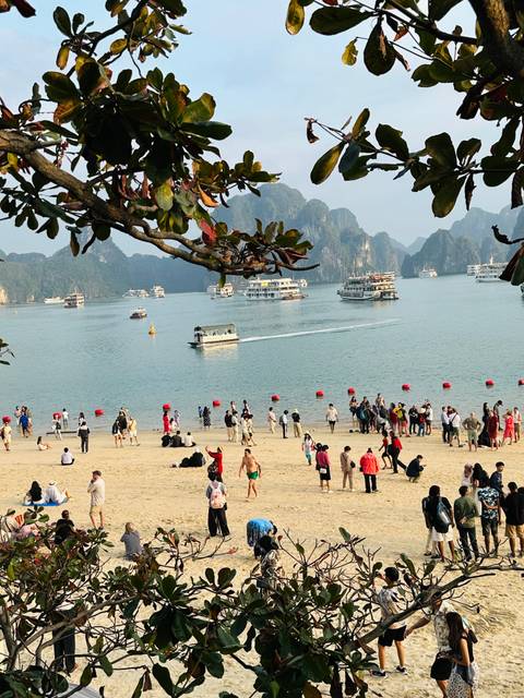 Busy beach on a Halong Bay island with tourists, anchored cruise boats and limestone peaks in background.