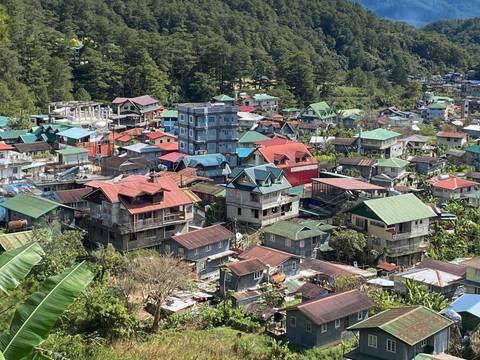 Elevated view of a mountain town with colourful rooftops surrounded by pine forest