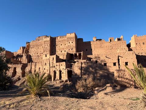 Sunlit ruins of an ancient earthen kasbah rising above desert palms under a cloudless sky.