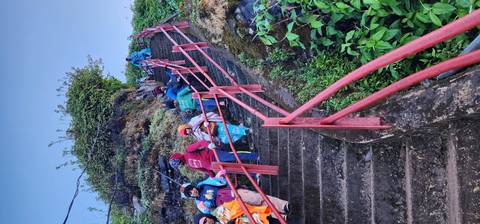 Pilgrims in colorful clothing ascend a steep concrete staircase bordered by red railings and greenery.