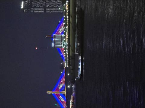 Night view of an illuminated cable-stayed bridge with blue and red lights spanning a dark river.