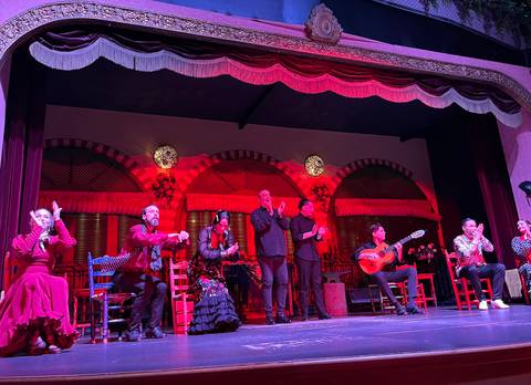 Energetic flamenco show with musicians and dancers performing on a red-lit stage in traditional attire.