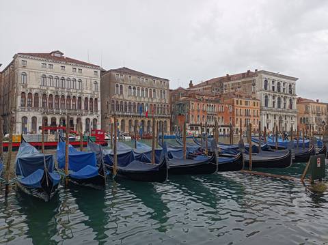 Row of gondolas moored along the Grand Canal lined with elegant Venetian palaces on a grey day.