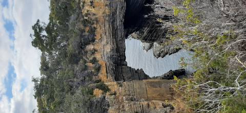 Dramatic coastal rock arch towers above the sea, framed by rugged vegetation.