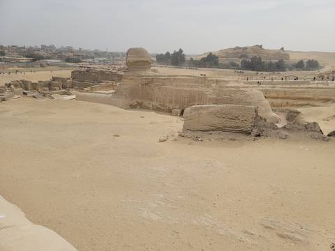 Side view of the Great Sphinx surrounded by desert sands and distant settlement.