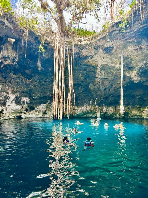 Swimmers enjoy turquoise water inside a dramatic cave cenote with long tree roots dangling from above.