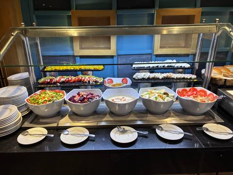 Colorful buffet salad bar with neatly arranged bowls of fresh vegetables and appetizers on a cruise ship.