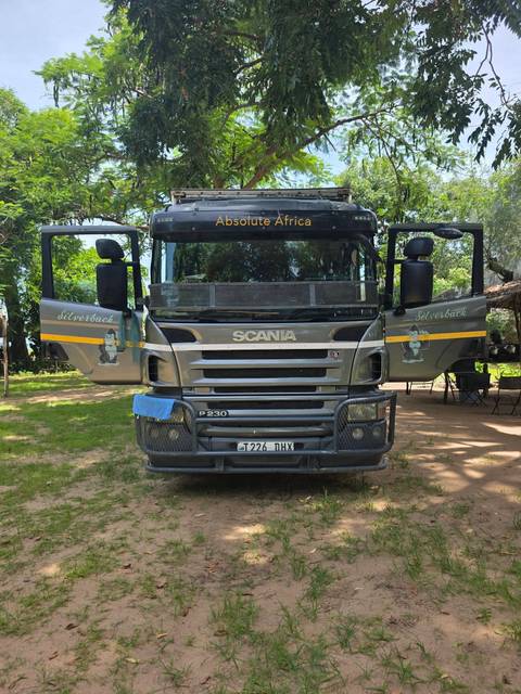 Front view of a rugged Absolute Africa Scania overland truck named Silverback.