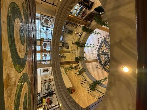 Vertical view down a multi-level hotel or cruise ship atrium with curved balconies and hanging plants