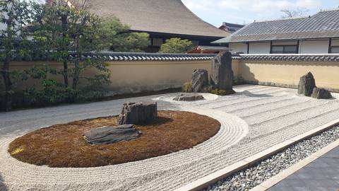 Zen rock garden with meticulously raked gravel patterns and standing stones in Kyoto.