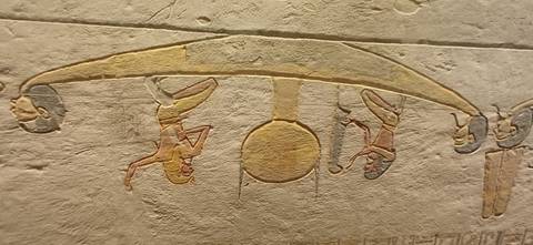 Hieroglyphic scene of figures paddling the solar bark with the sun disk at center