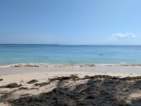 Quiet sandy beach with gentle turquoise waves under a clear blue sky.