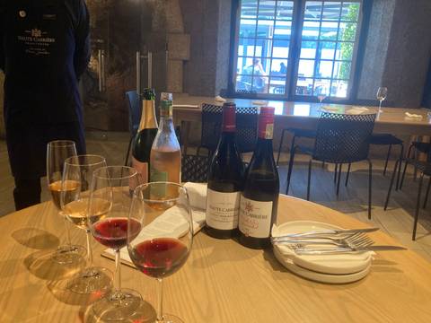 Table set for wine tasting with several glasses of red and white wine, bottles and cutlery; a host stands nearby.