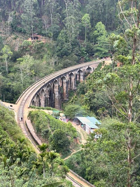 Scenic curve of the Nine Arches stone railway bridge cutting through lush green forest near Ella.