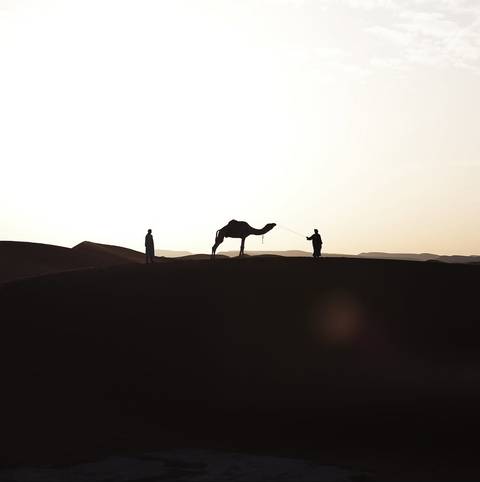 Silhouettes of two people lead a camel along a high dune against a glowing desert sunrise sky.