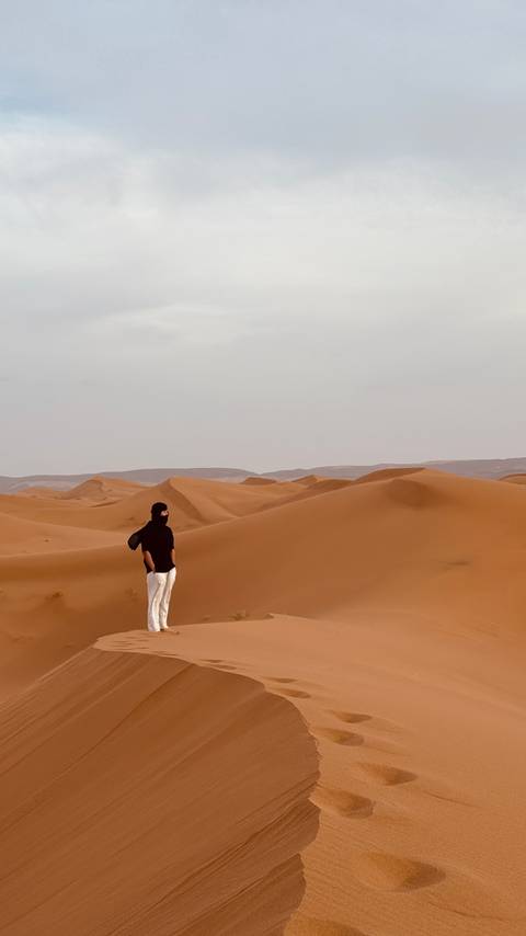 A lone traveler wearing a black top stands on sweeping orange sand dunes under a hazy sky.