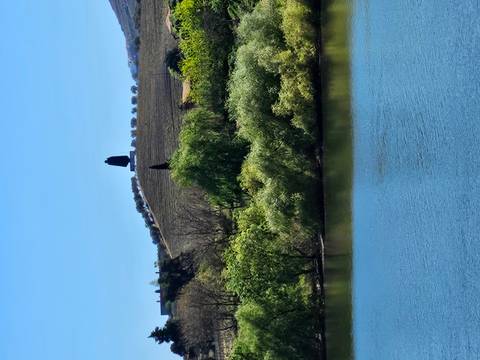 Green riverbank with distant vineyard hill and solitary monument silhouetted on top.