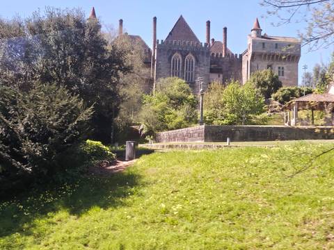 Stone castle partially hidden by trees rising above a grassy park setting.