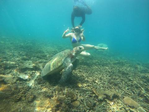 Underwater shot of a snorkeler giving thumbs-up next to a sea turtle over a coral reef.