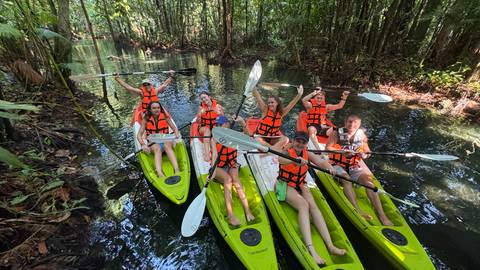 Energetic group of kayakers in bright green kayaks cheering in a narrow jungle waterway.