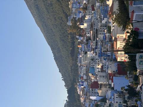 Hillside Moroccan town with colorful cube houses beneath a forested mountain ridge
