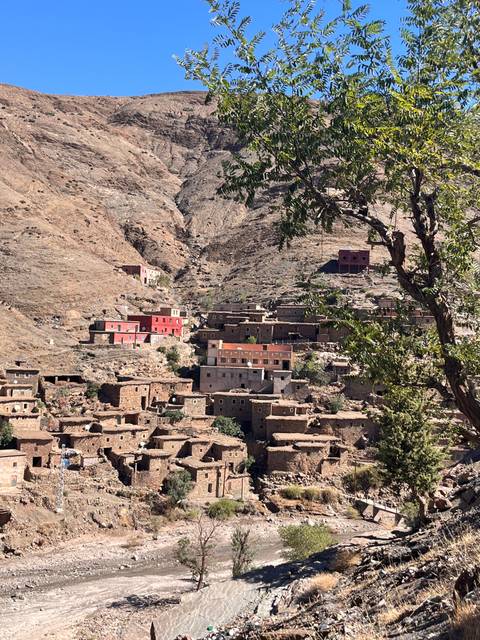 Traditional Berber village houses built of earth tones cling to a rugged hillside dotted with sparse trees.