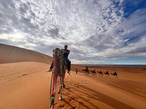 Traveller atop a camel high on a dune with a line of riders following in the distance.