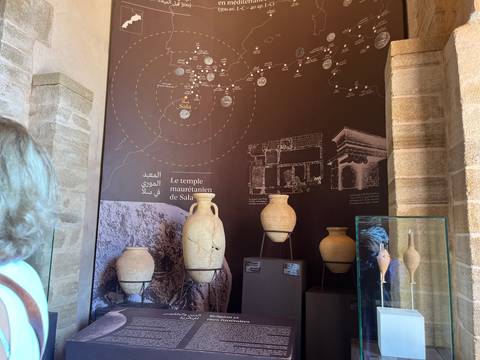 Close look at museum information panel about Sala temple with pottery artefacts in glass cases.
