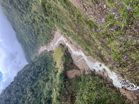 Narrow river cascades through lush green valley beneath low clouds and mist.