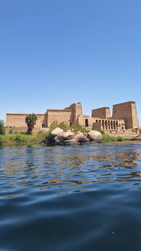 Philae Temple’s sandstone walls rising above the Nile with rocky islet and palms in foreground.