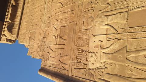 Golden sandstone reliefs and hieroglyphs catching late afternoon light on an Egyptian temple wall.