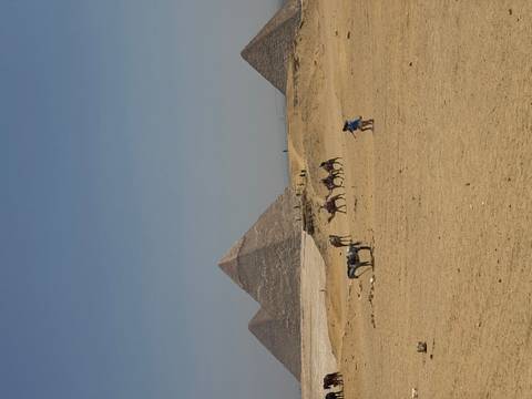 Camel caravan and tourists crossing desert plain with the Pyramids of Giza rising behind.
