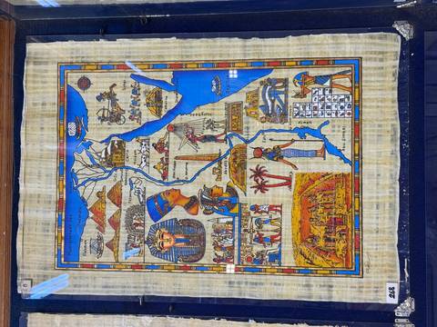 Detailed illustrated papyrus map of Egypt featuring pharaonic imagery and Nile River route.