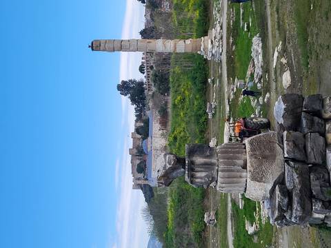 Ancient temple ruins with single standing column and distant fortress on a hill under a blue sky.