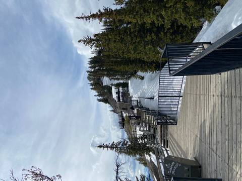 Wooden boardwalk and railings zig-zag up a snowy ridge lined with evergreen trees