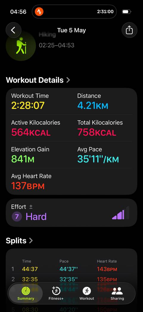 Screenshot showing fitness statistics such as calories, pace, elevation gain and heart rate.